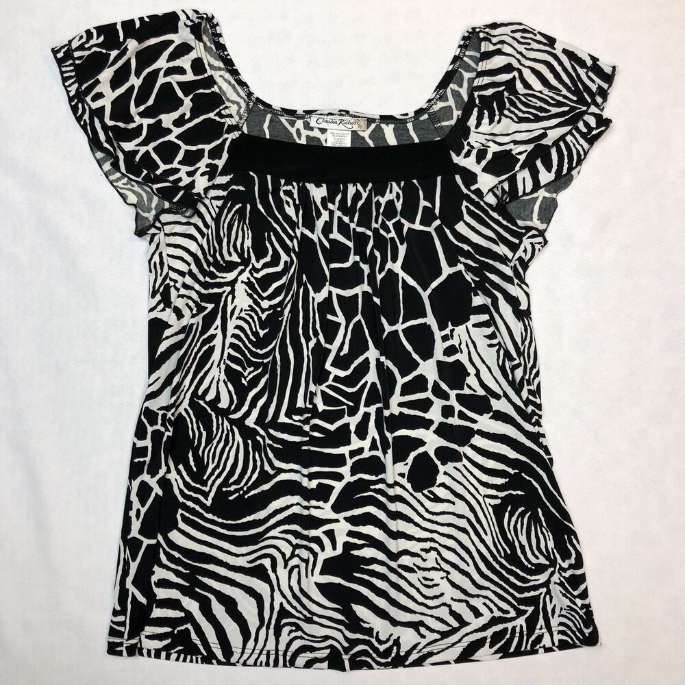Claudia Richard Blouse Women Large Animal Print Short Sleeve Stretch Knit Top